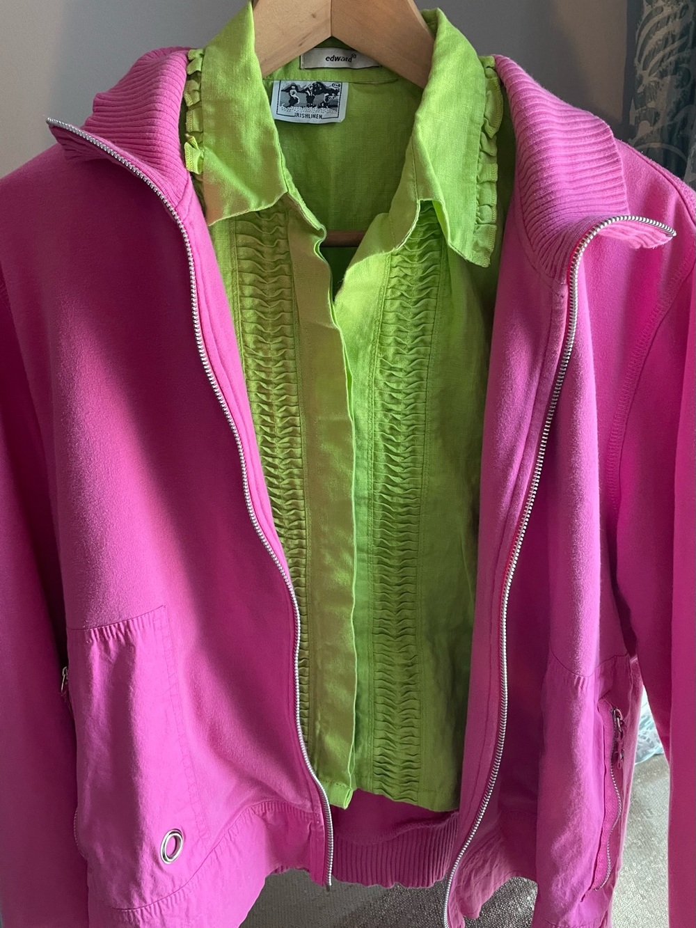 Vintage Bundle- Linen Lime Green Blouse & Pink Oleg Cassini Sport Y2K Jacket